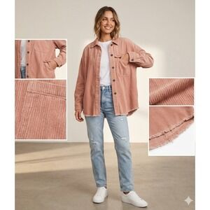 Zara Womens XS Corduroy Shacket Dusty Rose Pink  Hem Button Front Cotton Jacket